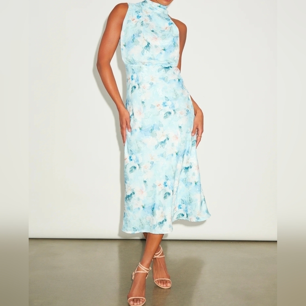 Lulus Distinctive Charm Blue Floral Satin Asymmetrical Midi Dress